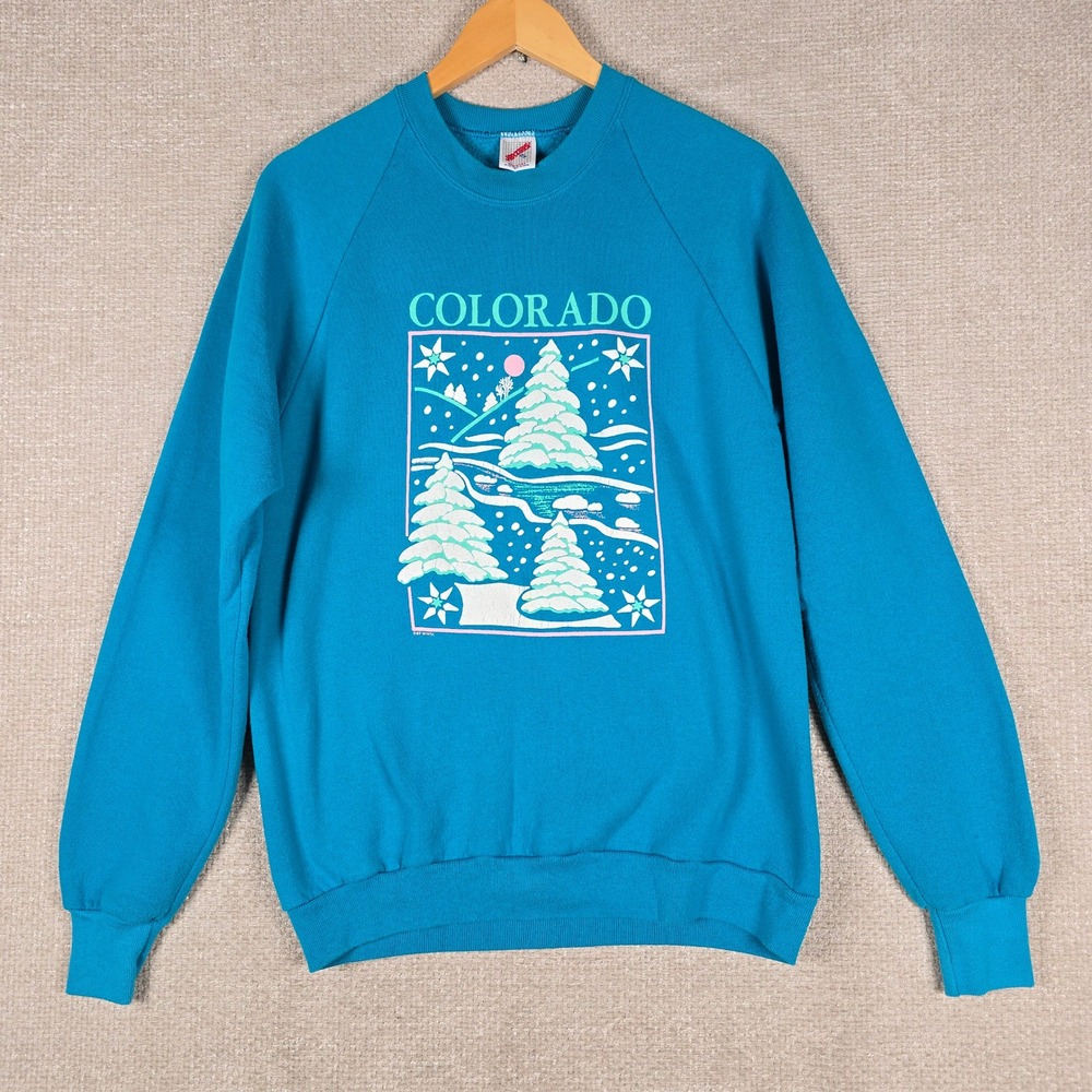 Vintage 1989 Jerzees Colorado Sweatshirt Teal Winter Snow Trees Made in USA